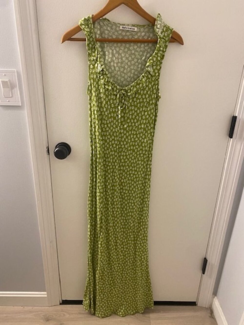 Reformation Jasen Tie Strap Ruffle Maxi Dress Green Floral Sz 2